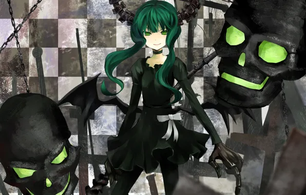Look, girl, smile, crosses, horns, skull, chain, black rock shooter