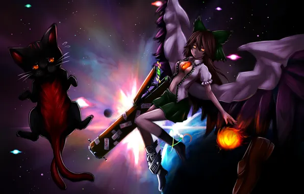 Cat, space, weapons, wings, art, reiu equipment, utsuho, touhou, Shoe