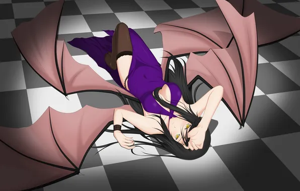 Girl, wings, the demon, art, lying, midnight, checkerboard