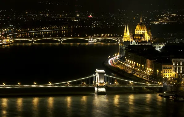 Picture night, the city, river, building, bridges, Parliament, Hungary, Budapest