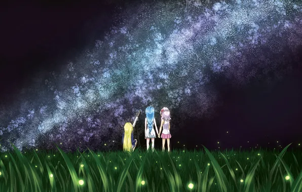 Grass, fireflies, girls, stars, meadow, the milky way, telescope