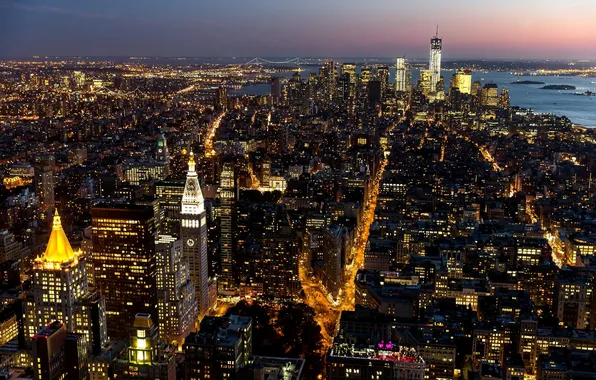 Picture the city, building, home, New York, skyscrapers, the evening, lighting, panorama