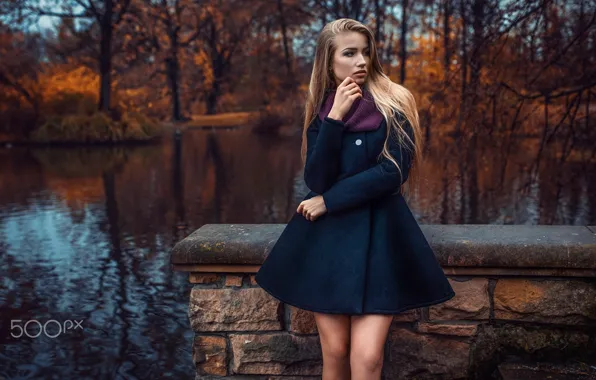 Autumn, girl, lake, pond, Park, coat