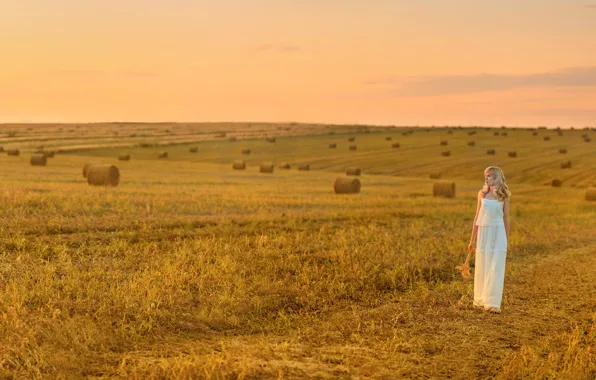 Field, girl, space, hay, stubble