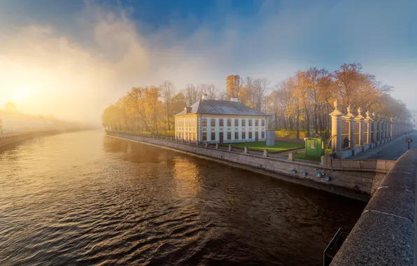Autumn, trees, fog, river, dawn, the building, Gordeev Edward, Saint Petersburg