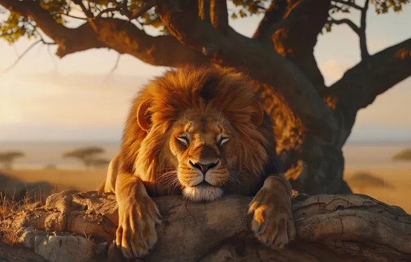 Tree, Sleeping, Leo, Face, Predator, Front, Digital art, Big Cats