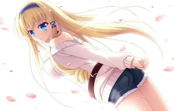 Picture long hair, anime, blonde, anime girls, simple background, jean shorts, looking at viewer