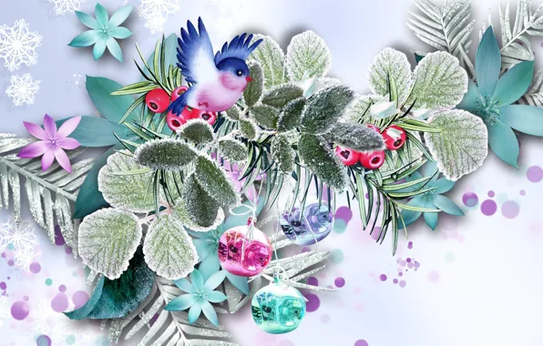 Frost, leaves, flowers, holiday, collage, bird, new year, Christmas