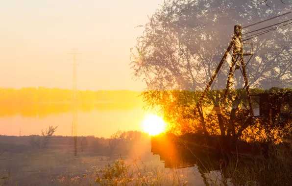 The sky, the sun, trees, river, dawn, Russia, power lines, double exposure