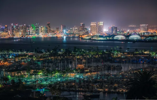 Night, lights, CA, panorama, Bay, San Diego, United States, Marina