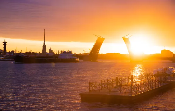 The sun, river, Russia, bridges, Russia, Neva, St. Petersburg, SPB
