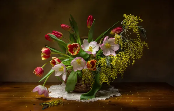 Tulips, basket, napkin, Mimosa, Tatiana Fedenkova