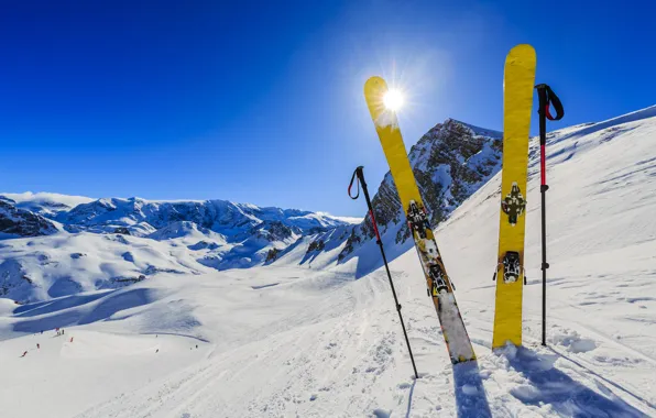 Winter, the sky, the sun, rays, snow, landscape, mountains, the descent