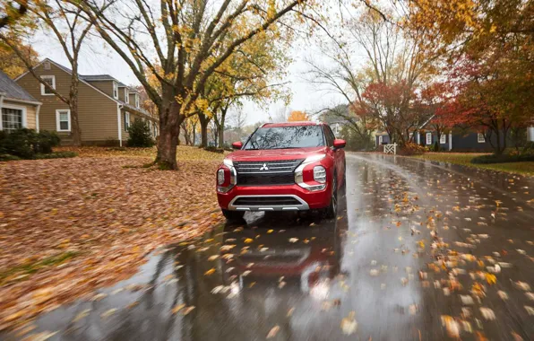 Autumn, the city, speed, structure, SUV, yellow foliage, Mitsubishi Outlander, 2022
