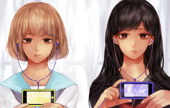 Picture sadness, girls, anime, headphones, art, phone, tcb