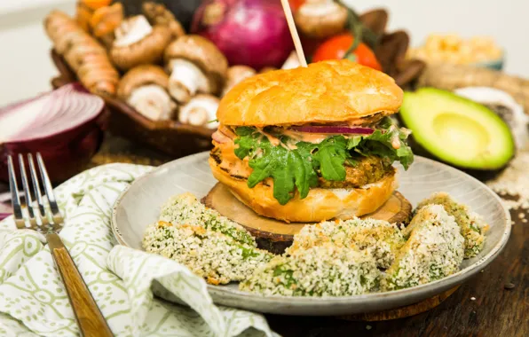 Greens, mushrooms, plate, plug, sauce, Patty, roll, avocado