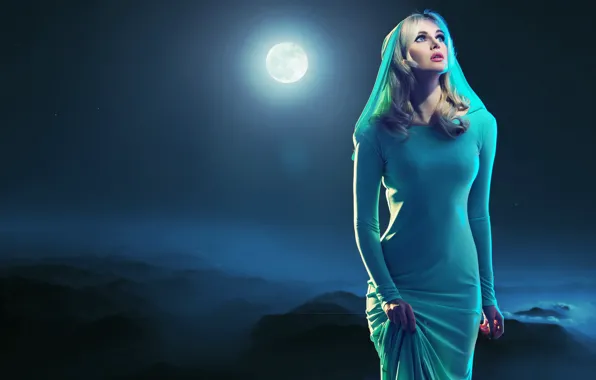 Look, girl, stars, night, fog, the moon, hair, makeup