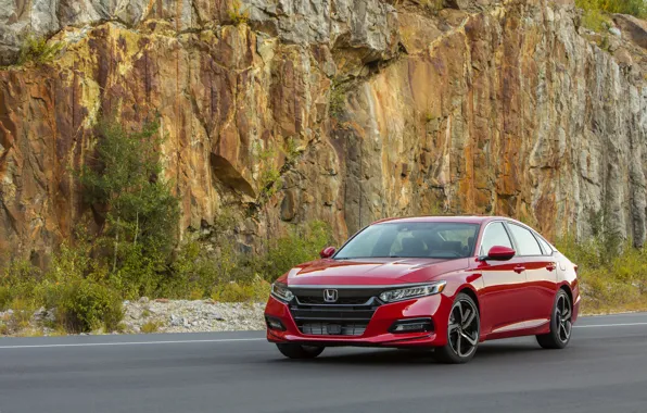 Picture red, Honda, Accord, sedan, 2018, four-door, 2.0T Sport, on the background of rocks