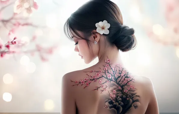 Girl, branches, Sakura, tattoo, hairstyle, Asian, light background, shoulders