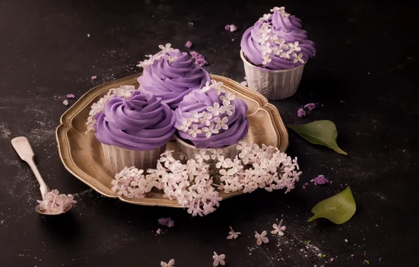 Flowers, lilac, cake, cream, dessert, lilac, cupcakes
