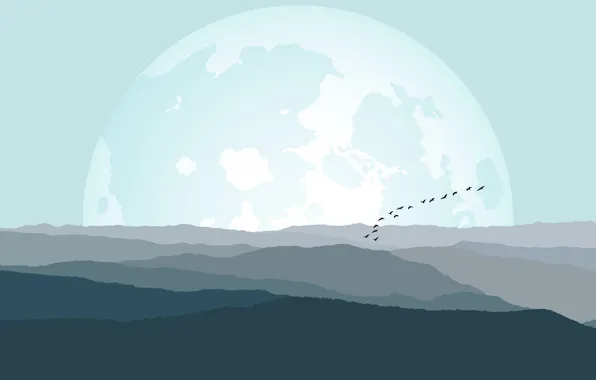Picture landscape, hills, bird, the moon, minimalism