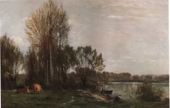 Landscape, 1864, On the banks of the river, Daubigny Charles-Francois