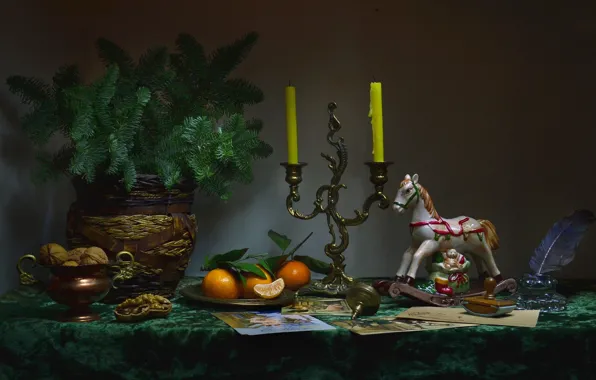 Picture photo, branch, candles, vase, nuts, still life, figures
