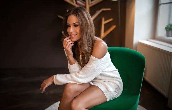 Pose, model, makeup, figure, dress, hairstyle, brown hair, sitting