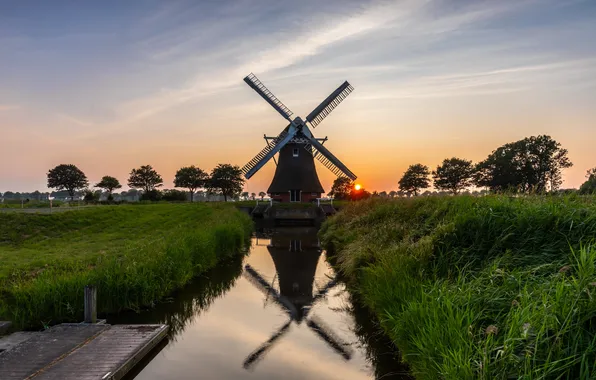 Grass, sunset, channel, pond, Bank, windmill