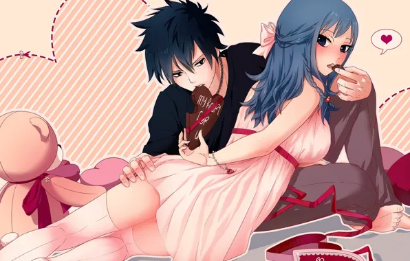 Girl, tape, chocolate, anime, art, hearts, guy, fairy tail