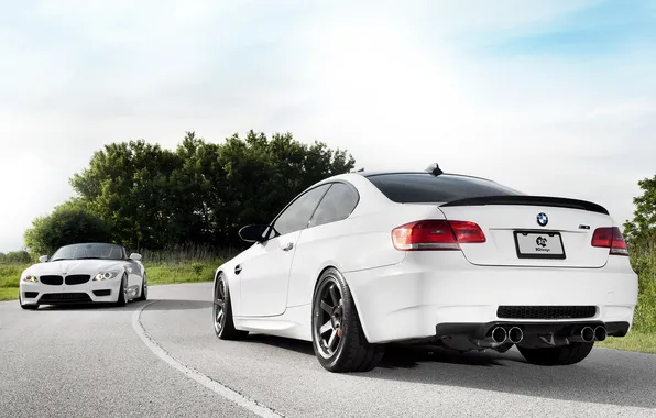 Road, the sky, trees, tuning, BMW, white, each other, and