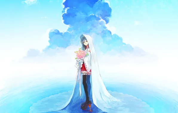 Water, girl, clouds, bouquet