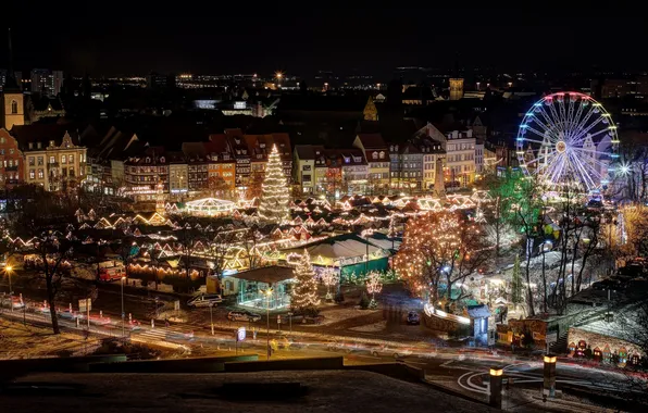 The city, lights, tree, home, Germany, Christmas, fair, Erfurt