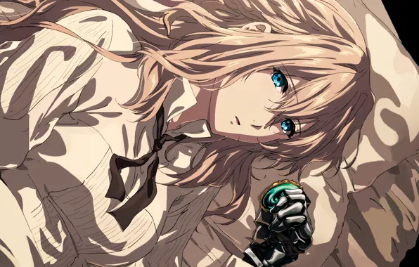 Picture look, face, blue eyes, brooch, bangs, iron hand, white blouse, Violet Evergarden