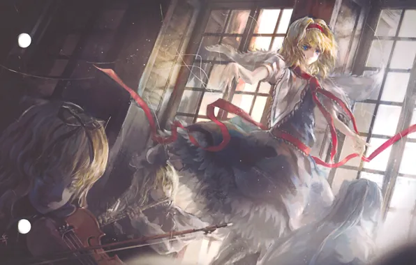 Violin, concert, flute, red ribbon, window, orchestra, Alice Margatroid, merlin prismriver