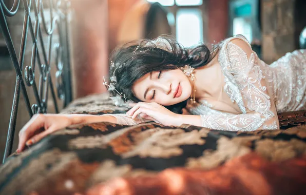 Picture girl, bed, sleep, portrait, dress, sleeping, bed, lies