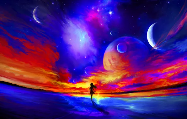Sea, the sky, girl, planet, fantasy
