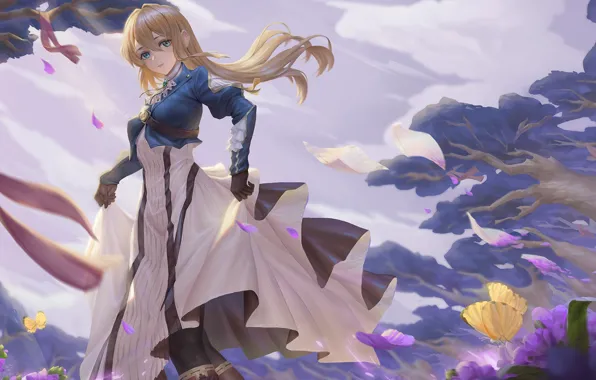 Girl, butterfly, flowers, tape, the wind, letters, Violet Evergarden