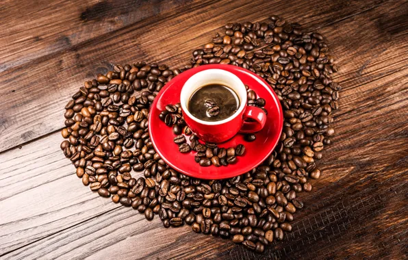 Picture heart, coffee, grain, Cup, red, saucer