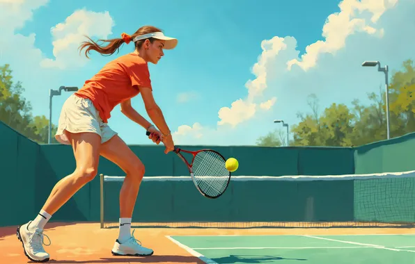 Girl, The ball, Sport, Court, Art, Sneakers, Racket, Digital art