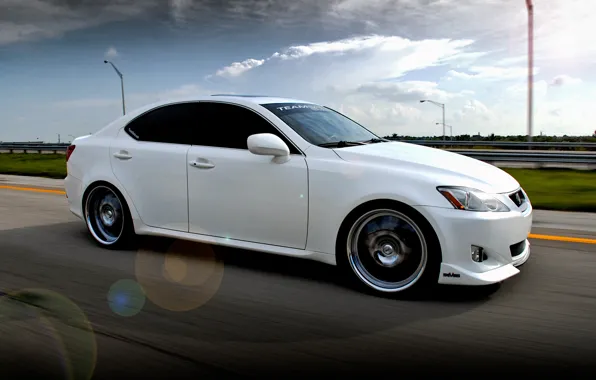 Picture road, clouds, machine, Lexus, white, IS350, road, cars