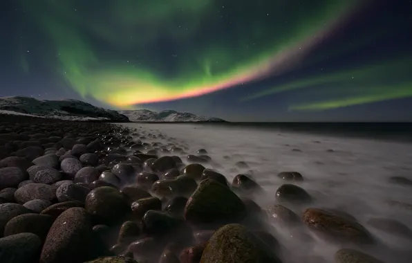 Winter, sea, the sky, stars, mountains, night, fog, pebbles