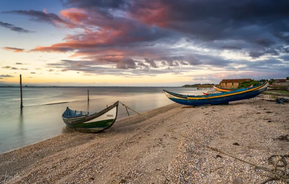 Clouds, river, shore, boats, Portugal, Torreira