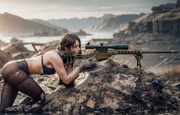 Girl, devastation, tights, ruins, sniper, rifle