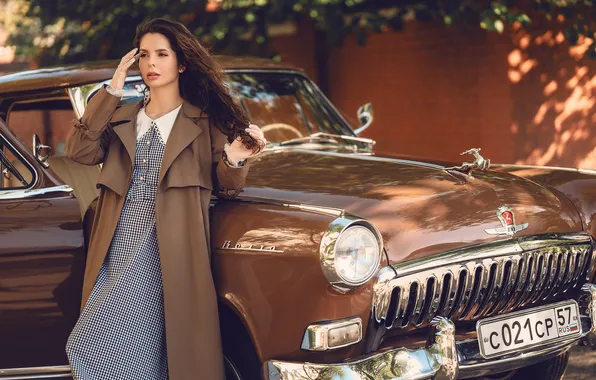 Machine, auto, girl, pose, retro, hands, dress, cloak