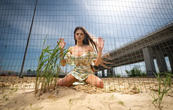 Sand, look, girl, bridge, pose, mesh, hands, long hair