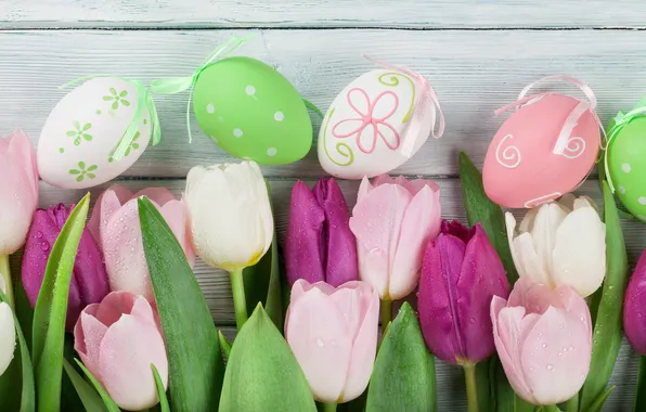 Flowers, eggs, spring, colorful, Easter, wood, pink, flowers