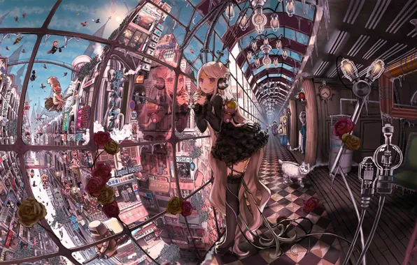 Flowers, city, the city, lamp, street, home, roses, anime