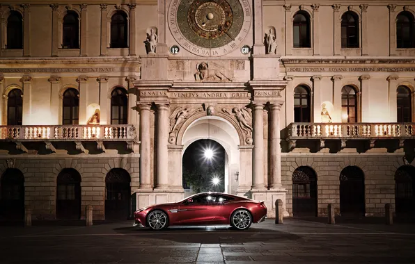 Picture Aston Martin, Red, Night, The building, Car, Vanquish, The view from the side, AM310