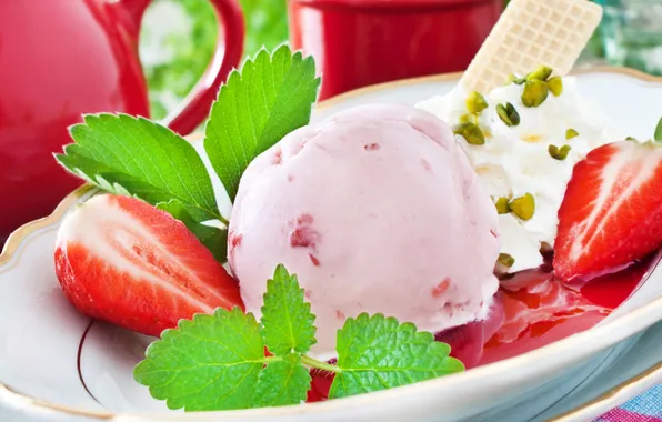 Picture summer, strawberry, ice cream, mint, dessert, waffles, jam, sweet